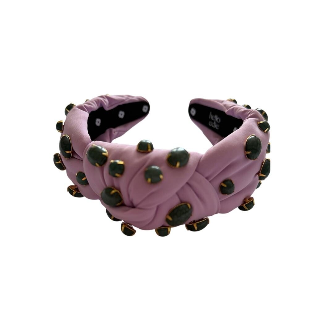 Hello Edie Pink Knotted Headband Green Gemstone Embellished Statement Headband